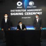 PROTON CEO Dr Li Chunrong (from left) and PROTON Chairman Dato Sri Syed Faisal Albar, witnessing En Roslan Abdullah, Deputy CEO of PROTON, signing the GDA.